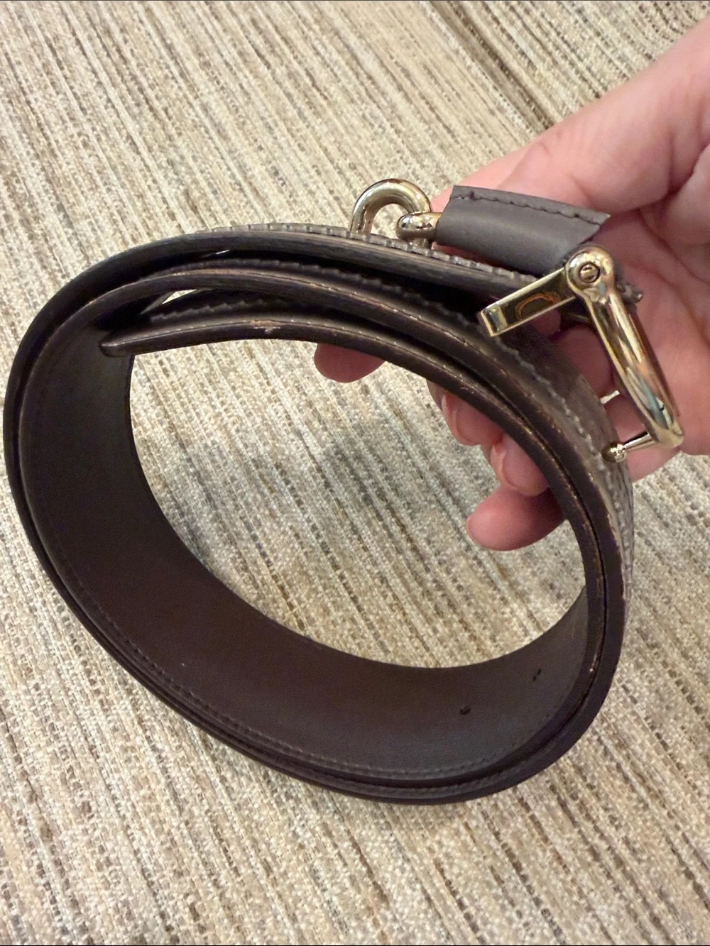 Gucci Womens’ Leather Dress Belt in Gray and Tan with Gold Buckle Sz 32